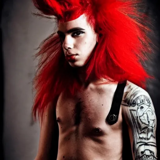 Prompt: young man with a red dyed mohawk, dressed in punk clothing, punk style, crustpunk, portrait photo, attractive, handsome