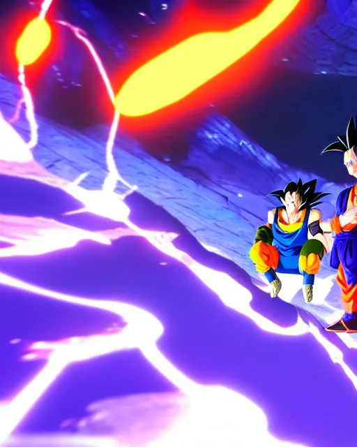 Image similar to in the hyperbolic time chamber where goku and gohan are training. gohan wants goku to train him harder and the two begin sparring more intensely dragon ball z studio ghibli seerlight volumetric lighting unreal engine trending on artstation