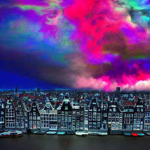 Prompt: apocalyptic amsterdam with psychedelic clouds in the year 2 1 4 5. 4 k