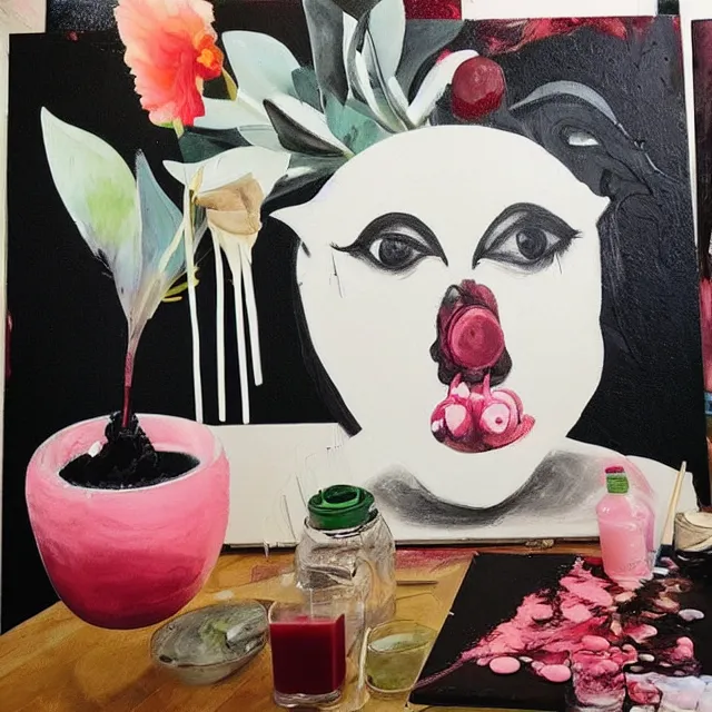 Image similar to “ a portrait in a female art student ’ s apartment, sensual, a pig theme, art supplies, paint tubes, ikebana, herbs, a candle dripping white wax, black walls, squashed berries, berry juice drips, acrylic and spray paint and oilstick on canvas, surrealism, neoexpressionism ”