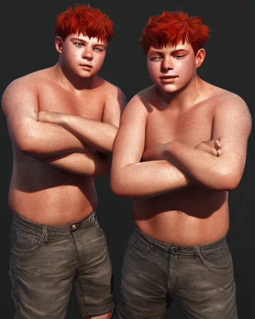 Image similar to portrait of short and stocky, 1 9 - year - old male twins with red hair and freckles, hyper realistic face, beautiful eyes, character art, art by mark brooks, hyperdetailed, cryengine, trending on artstation, digital art