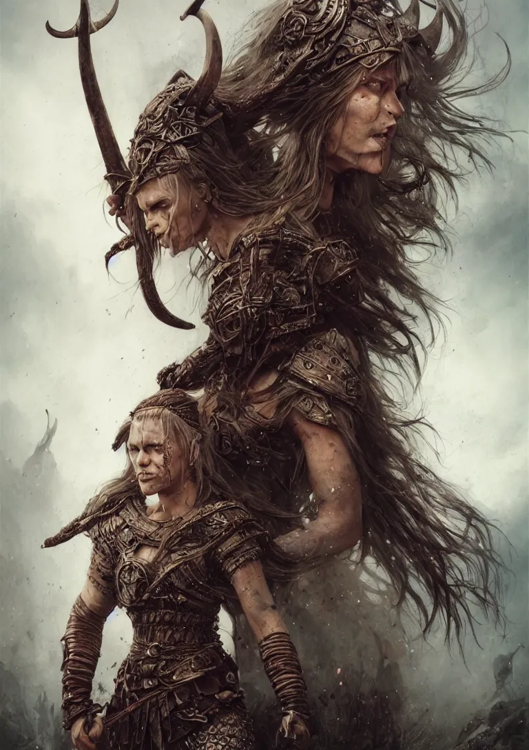 Image similar to Official photo of a majestic fierce viking woman, leader, fear, scarred, highly detailed, viking attire, cinematic, 8k, 1080s, by Stanley Artgermm, Tom Bagshaw, Greg Rutkowski, Vincent di Fate, Carne Griffiths, Ayami Kojima, trending on DeviantArt, hyper detailed, full of color, digital art,