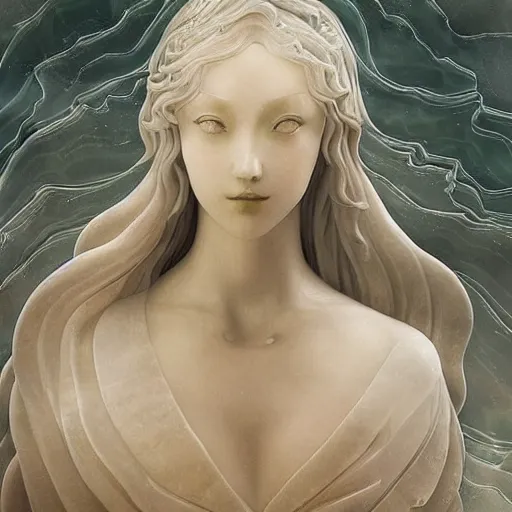 Prompt: “a delicate renaissance marble sculpture covered with water veil, highly detailed transparent marble cloth, a beautiful girl with long black hair in, island background, intricate, highly detailed, digital painting, artstation, official media, anime key visual, concept art, rich vivid colors, ambient lighting, sharp focus, illustration, art by Artgerm, Makoto Shinkai, Ilya Kuvshinov, Lois Van Baarle, and Rossdraws, gi, global illumination, physically based rendering, photorealistic, top light , dark background”