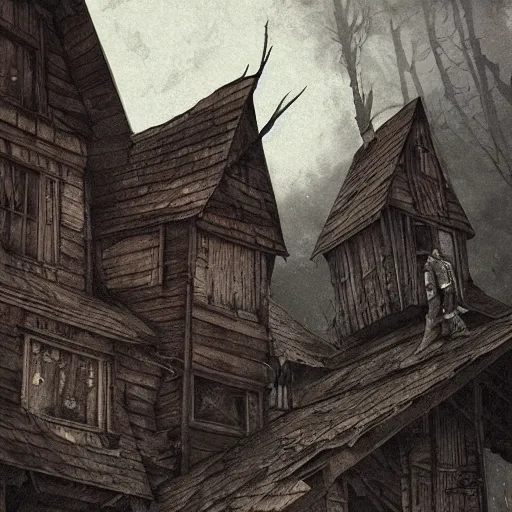 Image similar to two husbands leave each other inside broken wooden house, detailed intricate ink illustration, dark atmosphere, detailed illustration, hd, 4k, digital art, overdetailed art, concept art, by greg rutkowski, by loish, complementing colors, Trending on artstation, deviantart