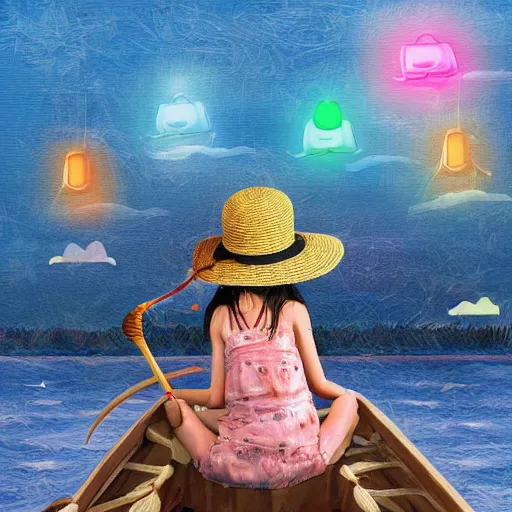 Image similar to digital art girl in straw hat with dragon tatoo with lights traveling around swamp in boat