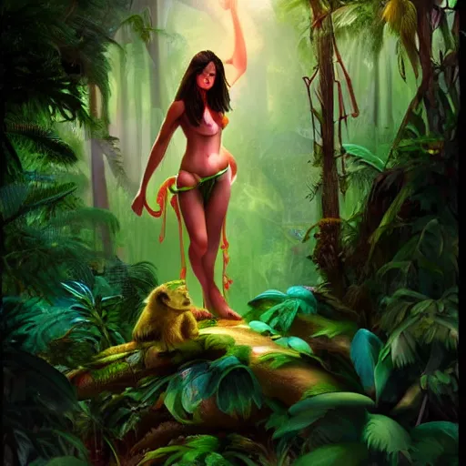 Image similar to beautiful jungle woman in the rainforest 3 - d 8 k resolution, concept art, detailed matte painting, digital art, artstation, amazing background, devianart, digital illustration, colorful lovely dreamscape in soft colors storybook illustration by anne stokes,