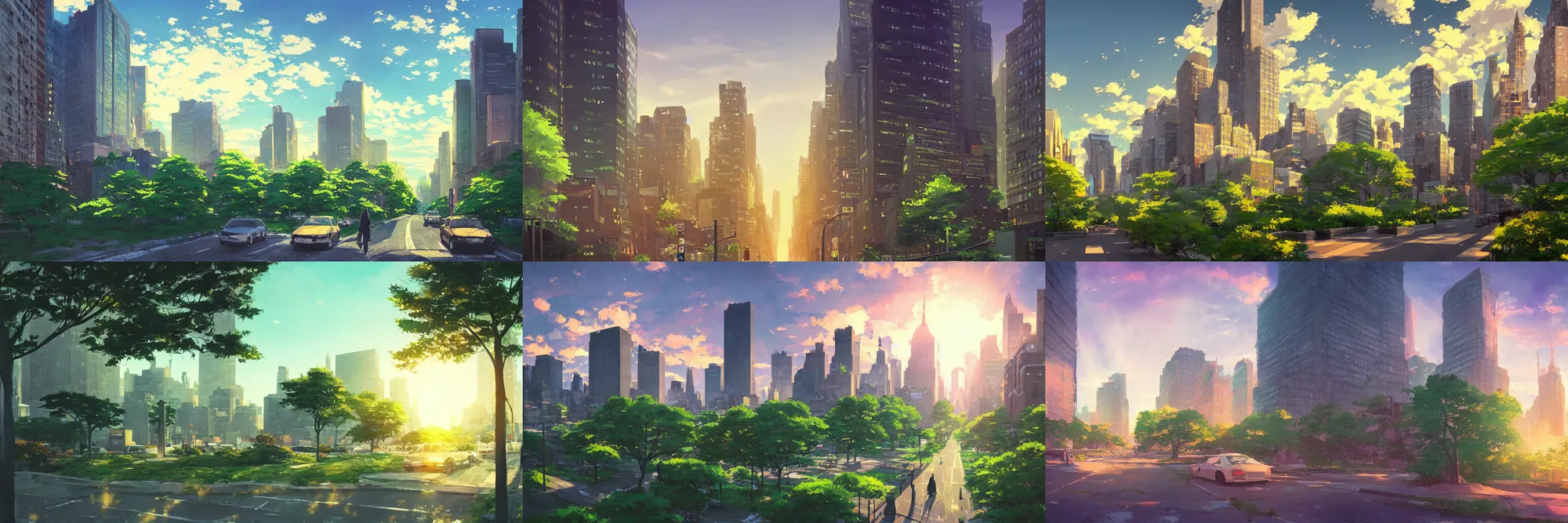 Prompt: dream fantasy new york city, more greens, lanscape, modern, sunset, dusk, perspective, street view, art by makoto shinkai