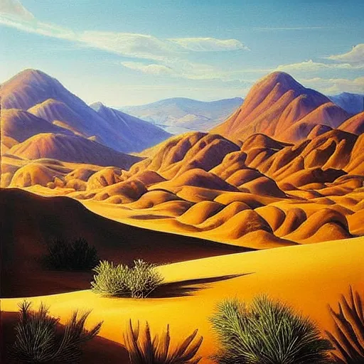 Image similar to this painting is simply stunning. it is a beautiful landscape painting of a desert scene, with mountains in the background and a bright sky. the detail is amazing. it is a truly beautiful painting.