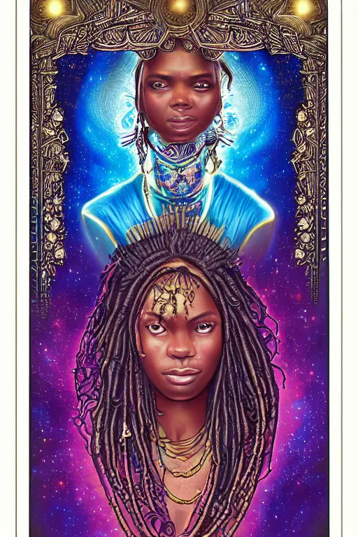 Prompt: beautiful, iridescent, and refined engraved fractal tarot card featuring an ornate, realistic, and regal high key studio anaglyph portrait of an attractive young kenyan princess with beaded dreadlock hair in front of a brilliant nebula by Eric Lafforgue, by Suicide Girls, by Dan Mumford, by Jim Fitzpatrick, featured on deviant art, trending on artstation