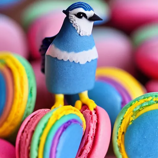 Image similar to A blue jay standing on a large basket of rainbow macarons.