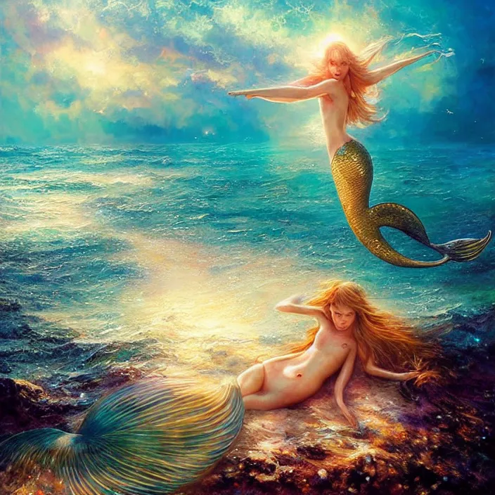 Image similar to glimmering mermaid relaxing beach, dolphins, golden hour, god rays, coral reef, dreamscape by artgerm and ruan jia and ismail inceoglu and greg olsen, cosmos, milky way galaxy, masterpiece, beautiful, intricate, elegant, highly detailed