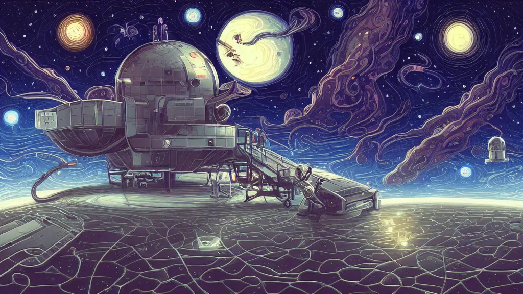 Image similar to elon musk at starbase by cyril rolando and naomi okubo and dan mumford and ricardo bofill. lovecraft. lovecraftian. starry night swirly sky.