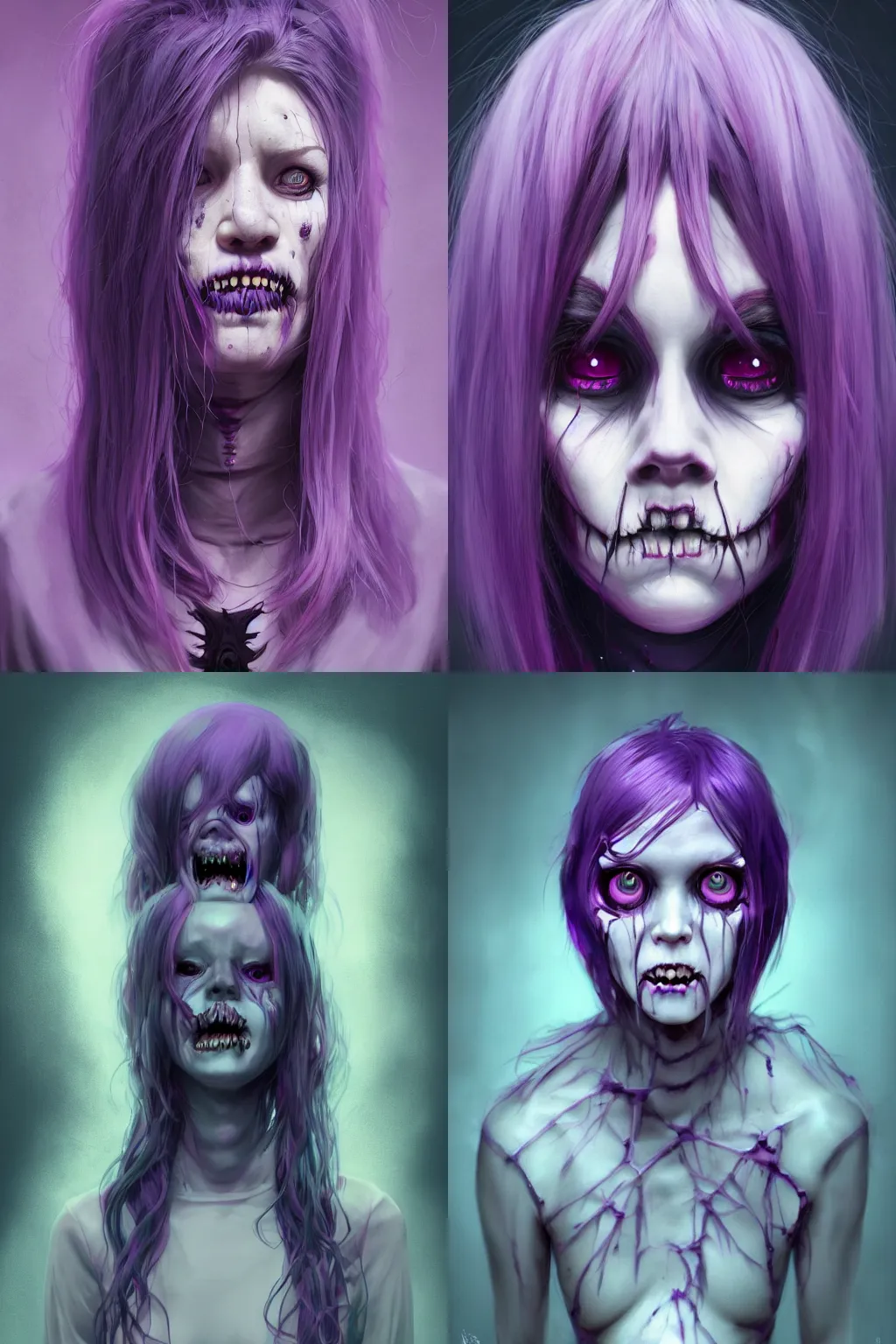Prompt: portrait of a creepy horror girl purple hair , nightmare fuel. terrifying. by Tooth Wu, wlop, dan mumford , trending on artstation, greg rutkowski very coherent symmetrical artwork. cinematic, hyper realism, high detail, octane render, 8k
