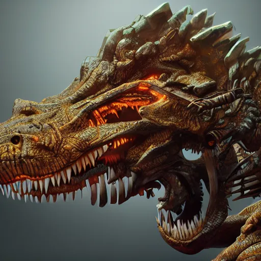 Image similar to cyborg t - rex hyper detailed, digital art, trending in artstation, cinematic lighting, studio quality, smooth render, unreal engine 5 rendered, octane rendered, art style by klimt and nixeu and ian sprigger and wlop and krenz cushart