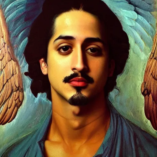 Image similar to Oil painting of the handsome Avan Jogia with angel wings, naturalism, dramatic lighting, high-detailed oil painting by Ilya Repin, Michelangelo da Caravaggio, William Blake, Alex Grey and Beksinski, trending on Artsatio, masterpiece, 4k, 8k,