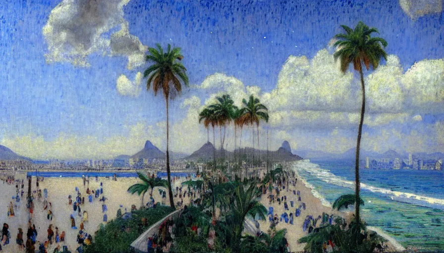 Prompt: a ultradetailed beautiful color theory painting of the thunderstorm sky of the rio de janeiro palace balustrade designed by jules bastien - lepage, tarsila do amaral, frank weston and gustave baumann, beach, trending on artstation, mediterranean, palm trees, sharp focus, colorful refracted sparkles and lines, soft light, 8 k 4 k