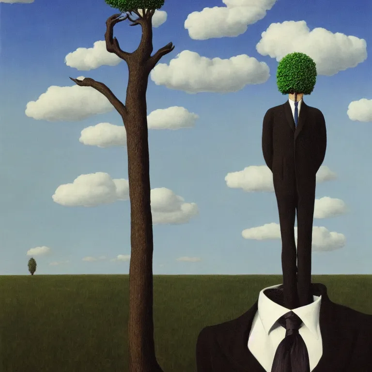 Image similar to portrait of a faceless tree - head man in a suit, clouds in the background, by rene magritte, detailed painting, distance, middle centered, hd, hq, high resolution, high detail, 4 k, 8 k