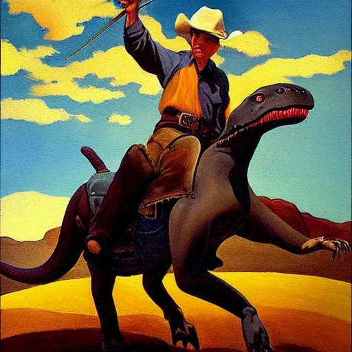 Prompt: a painting of a cowboy riding a dinosaur in the style of n. c. wyeth.