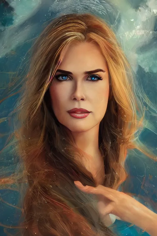 Image similar to mix of beautiful young maria shriver, mariel hemmingway, brooke shields, nicole kidman and elle macpherson as a mermaid, thin lips, hair tied up in a pony tail, darke blonde hair, colorful, artstation, cgsociety