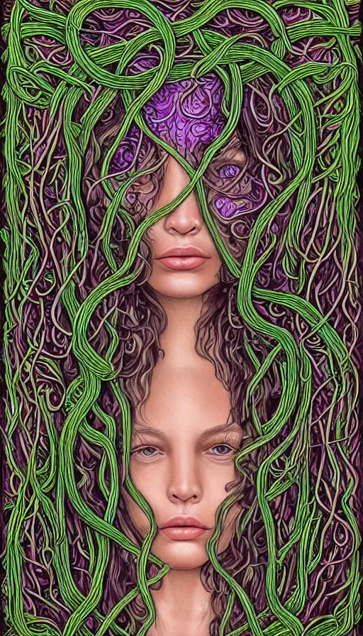 Image similar to very detailed portrait of a 2 0 years old girl surrounded by tentacles, the youg woman visage is blooming from fractal and vines, by alex grey,