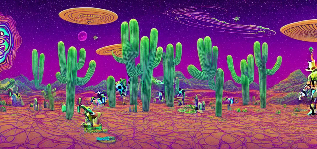 Image similar to A hand drawn digital still of mystical desert with strange ethereal creatures and cactus with a psychedelic night sky, A alien with a sombrero is walking thru the desk drunk drinking a beer in the style of Alex Grey and Moebius, risograph, Artstation HD, 8k, Surrealistic digital artwork,