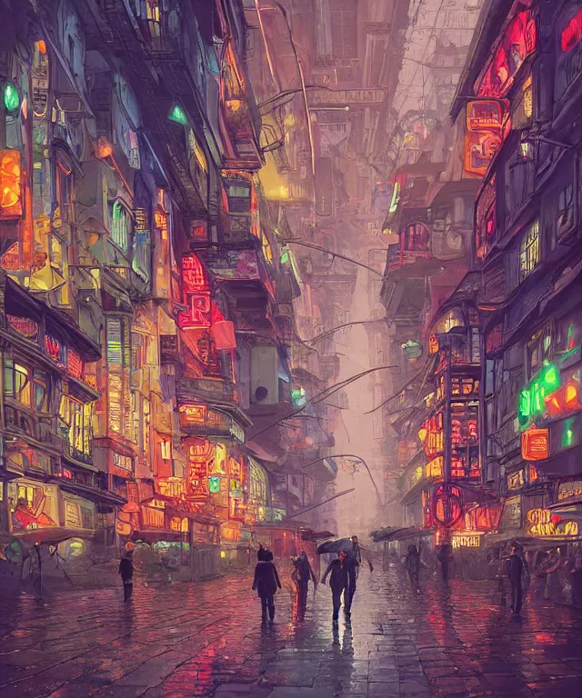 Image similar to insane perspective of colorful street vue from cyberpunk prague, intricate details, realistic shaded , humid ground, highly detailed, artstation, painting by François Schuiten and moebius, disney fantasy style, people and creatures walking, volumetric light, neon lights, rainy mood