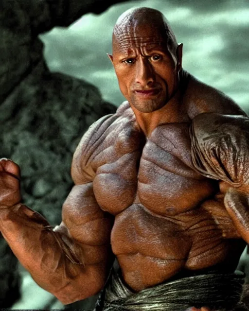Image similar to film still close up shot of dwayne johnson as golem from the movie the lord of the rings. photographic, photography