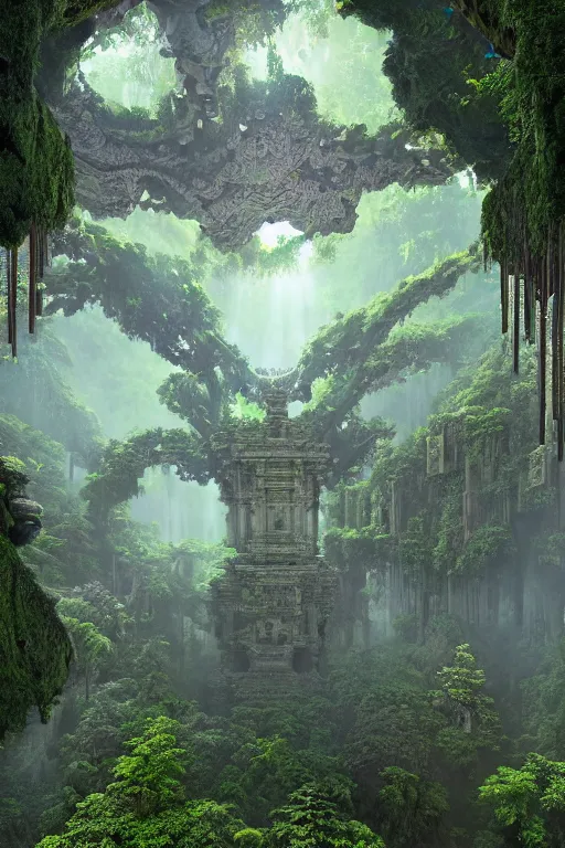 Prompt: ancient fractal temple megastructure in the hanging gardens of a radiant forest jungle, overgrown garden, scanned earth terrain fractal bridges, highly detailed erosion algorithm landscape, by albert bierdstat, by glenn small, high resolution, 8 k photorealism, populated by luminous beings, god rays in volumes of fog, looking up perspective