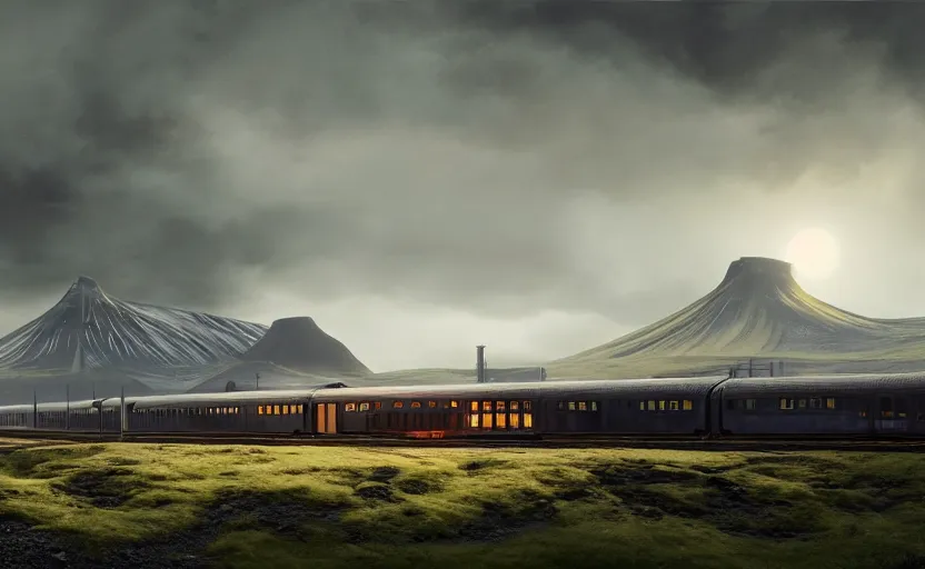 Image similar to exterior shot of utopian train station on in the middle of an icelandic hill with cinematic lighting by peter zumthor and renzo piano, darek zabrocki and greg ruthkowski, simon stalenhag, cinematic, holy place, paradise, scifi, futurism, atmospheric, concept art, artstation, trending on artstation