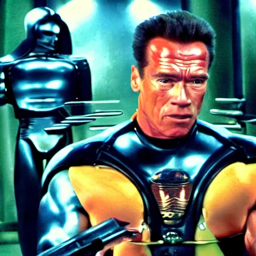 Prompt: still of arnold schwarzenegger in spy kids 3 ( 2 0 0 3 ), 4 k, cinematic, film footage, screen cap