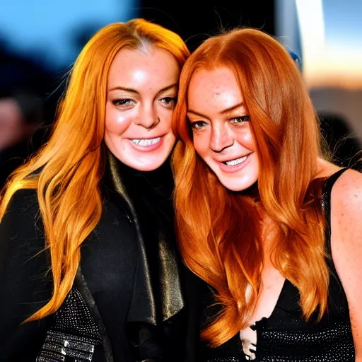 Image similar to Selfie photograph of Lindsay Lohan and Lindsay Lohan, golden hour, 8k,