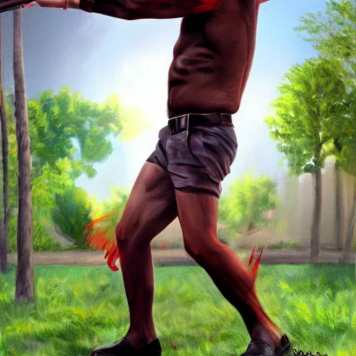 Image similar to ron burgandy as rambo in a park, hyperrealistic, hyperdetailed, political cartoon, concept art, oil painting