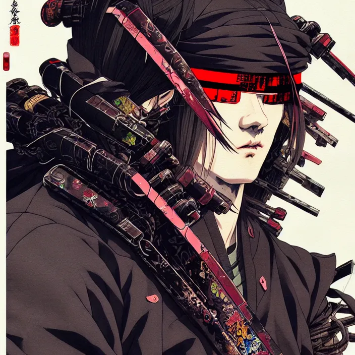 Image similar to a beautiful ukiyo painting of cyberpunk ninja, wearing cyberpunk streetwear, detailed close up portrait, concept art, by takato yamamoto, wlop, krenz cushart. cinematic dramatic atmosphere, sharp focus