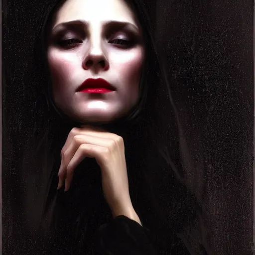 Image similar to hyperrealistic portrait of a woman as a vampire witch tears sorrow makeup dramatic in a black coat reflection in a stone mirror while it's heavily raining. by jeremy mann and alphonse mucha, fantasy art, photo realistic, dynamic lighting, artstation, poster, volumetric lighting, very detailed faces, 4 k, award winning