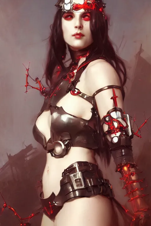 Image similar to Portrait of beautiful pale smiling cyborg goth anime maiden in bikini armor with crown of thorns and glowing red eyes, steampunc, digital art from artstation by Ruan Jia and Mandy Jurgens and Artgerm and william-adolphe bouguereau