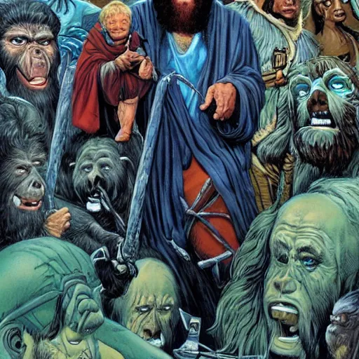 Prompt: Moses and the planet of the apes in middle Earth by Joe Jusko