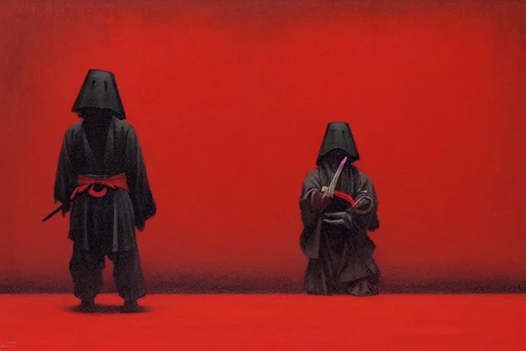 Image similar to only with red, a red samurai harakiri, tokio, a lot of frogs watch, in the style of beksinski, parts by edward hopper, parts by rodcenko, parts by yue minjun, intricate and epic composition, red by caravaggio, insanely quality, highly detailed, masterpiece, red light, artstation, 4 k