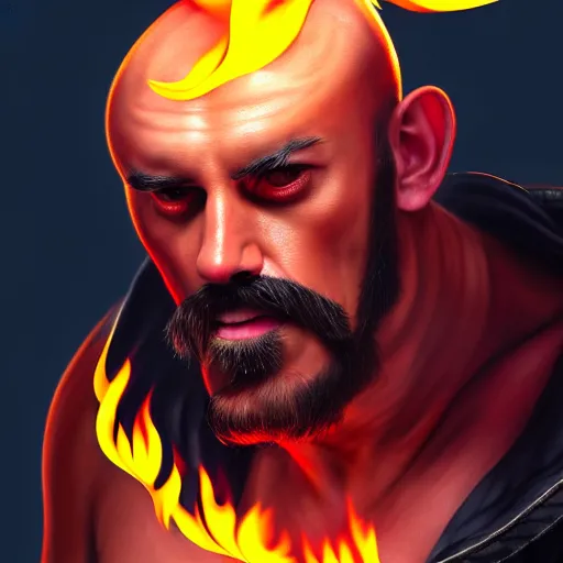 Image similar to bald boxer with chest tattoos with van dyke black beard on fire, digital art, cinematic, concept art, 8k, painting, imaginefx, cgsociety, syd mead, trending on artstation, wide shot, full shot