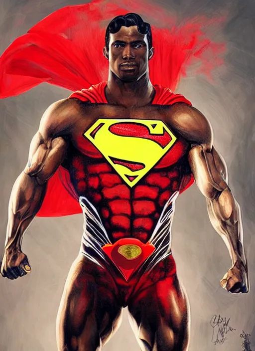 Image similar to portrait of crossfit bodybuilder sprinter superman!, futuristic detailed costume, red and black costume!!!, painted art by tsuyoshi nagano, greg rutkowski, artgerm, alphonse mucha, spike painting