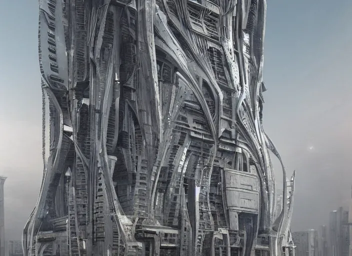 Image similar to a detailed sci - fi render of a dystopian mediaset tower, neo milano 3 by h. r. giger, trending on cgsociety, space art, lovecraftian sci - fi, 4 k