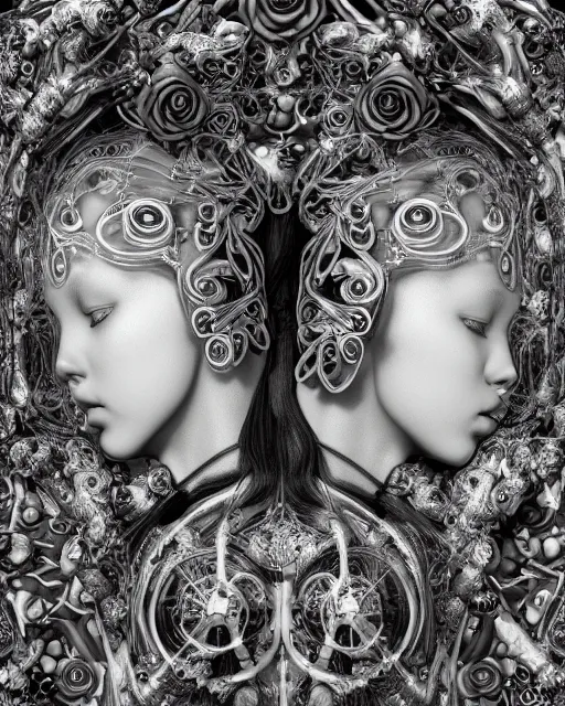 Image similar to mythical dreamy black and white organic bio-mechanical spinal ribbed profile face portrait detail of translucent steampunk beautiful siamese females angelic-human-queen-vegetal-cyborg, highly detailed, intricate trnaslucent ivy jelly ornate, poetic, translucent roses ornate, 3D render, digital art, octane render, 8K artistic photography, photo-realistic, by Dora Maar