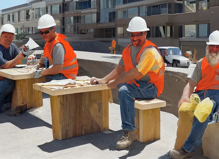 Prompt: construction workers enjoy their lunch break, art by thomas anshutz and paul cadmus and george quaintance