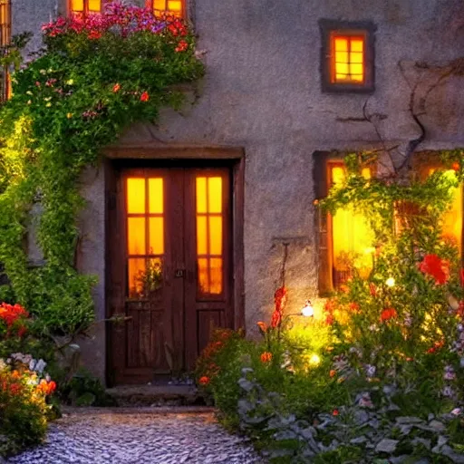 Prompt: Warm lighting cottage at dusk with windows illuminated with gardens and flowers and vines and cobblestone pathways fantasy day dream.