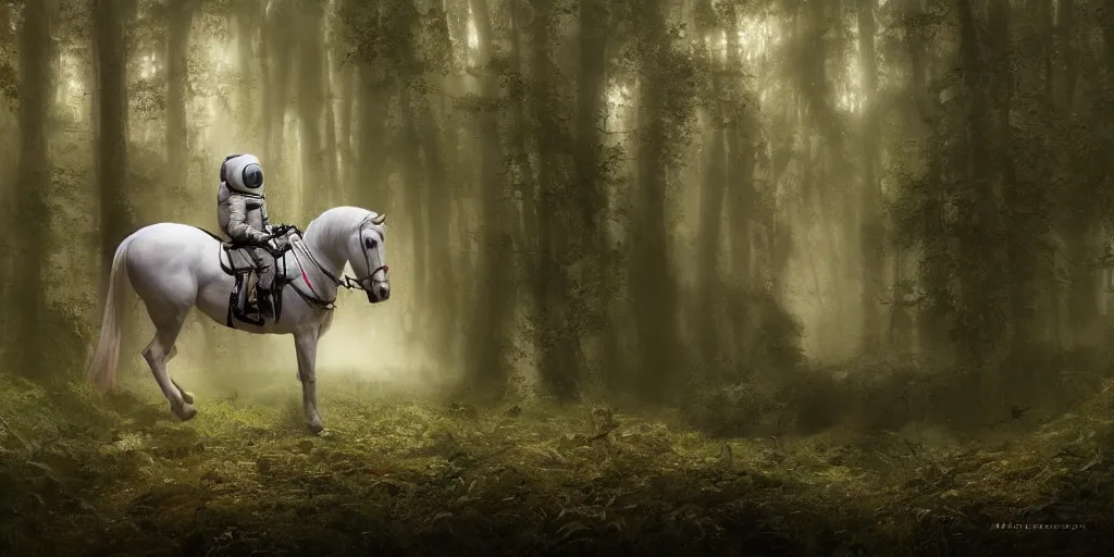 Prompt: a single astronaut riding on the back of a white horse through a forest, a detailed matte painting by frieke janssens, featured on cgsociety, fantasy art, matte painting, reimagined by industrial light and magic, matte drawing