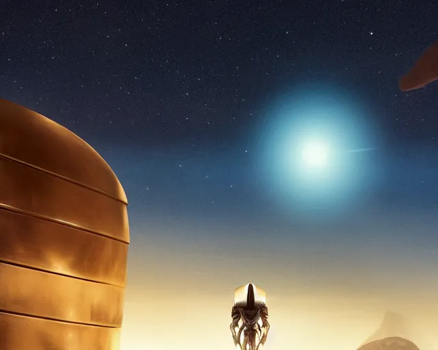 Image similar to closeup of an alien wearing a long flowing cloth shirt over stylish large futuristic golden plate armor walking to a tall alien city!! in the background, night sky with stars, light fog, beautiful colorful, anamorphic movie still