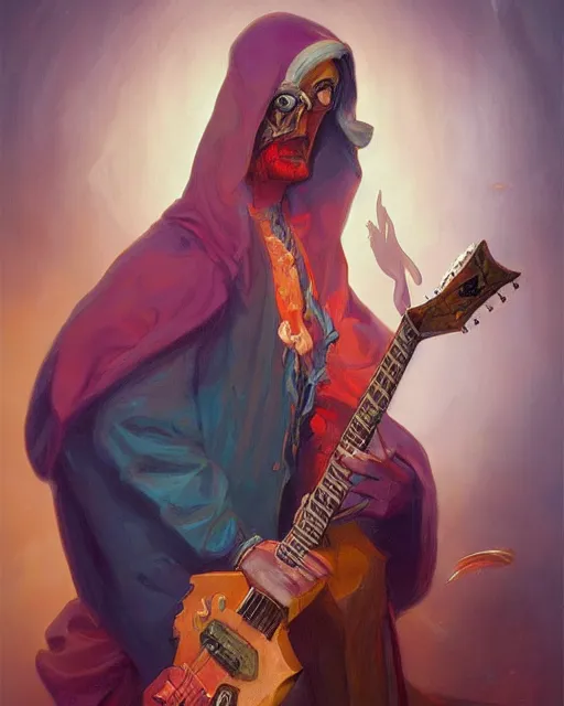 Image similar to colorful baroque portrait of a shadowy man wearing a hooded cloak, playing a guitar, gallery art by peter mohrbacher, artstation, artgate