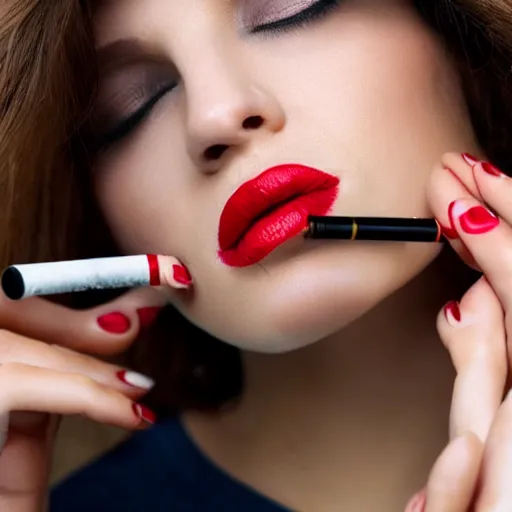 Prompt: woman smoking a cigarette, red lipstick, lips on cigarette, pucker, smoke, close up