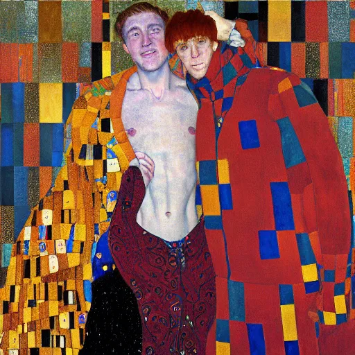 Image similar to painting of fred and george weasley by gustav klimt