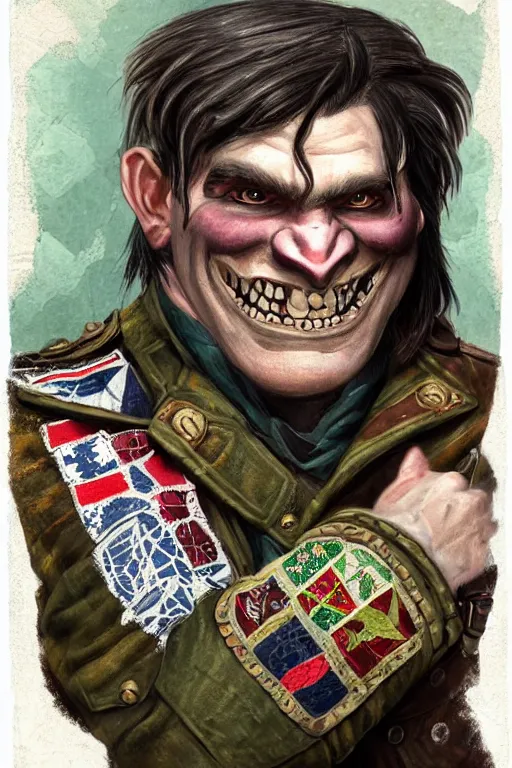 Prompt: nineteenth century style portrait of a middle aged half orc with a bemused smile on his face. dressed in a patchwork military uniform jacket with cut sleeves, runic arm tattoos, sharp focus, illustration, digital painting, art by magali villeneuve