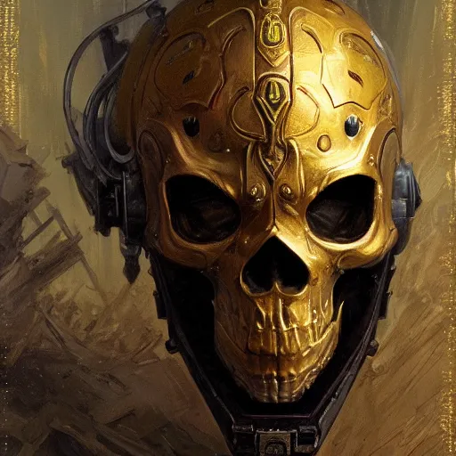 Image similar to three quarter view of gold skull helmet face mask by donato giancola and greg rutkowski, vintage retro scifi, realistic face, digital art, trending on artstation